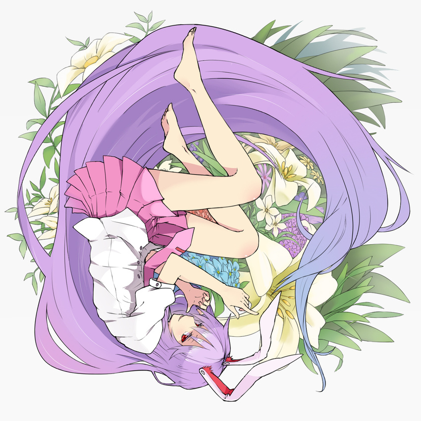 absurdly_long_hair animal_ears barefoot bunny_ears flower full_body highres long_hair lunaticprince pleated_skirt purple_hair red_eyes reisen_udongein_inaba skirt smile solo touhou very_long_hair