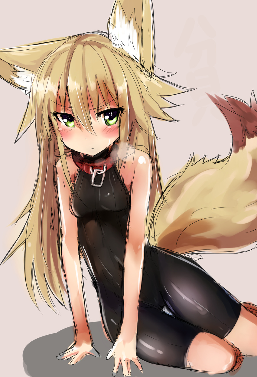 animal_ears blonde_hair blush bodysuit collar fox_ears green_eyes haik highres kokonoe_tsubaki long_hair original shiny sitting sketch skin_tight solo tail thigh_gap