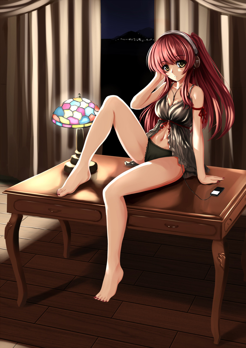 arm_ribbon babydoll bare_legs barefoot black_panties breasts brown_eyes cable cleavage curtains digital_media_player feet feet_on_table headphones highres indoors kousaka_tamaki lace lace-trimmed_panties lamp large_breasts legs long_hair looking_at_viewer nail_polish navel panties parted_lips red_hair ribbon room sitting sitting_on_table solo table thighs to_heart_2 toenail_polish toenails toes twintails underwear wooden_floor yumemi_(kiowa)