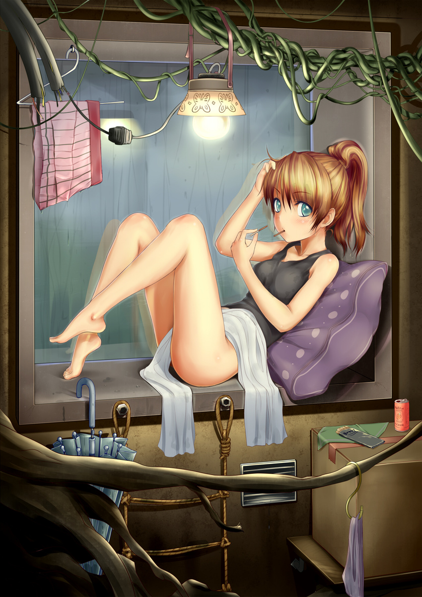 barefoot bottomless breasts brown_hair eating highres irudana looking_at_viewer medium_breasts original panties purple_panties short_hair solo umbrella underwear