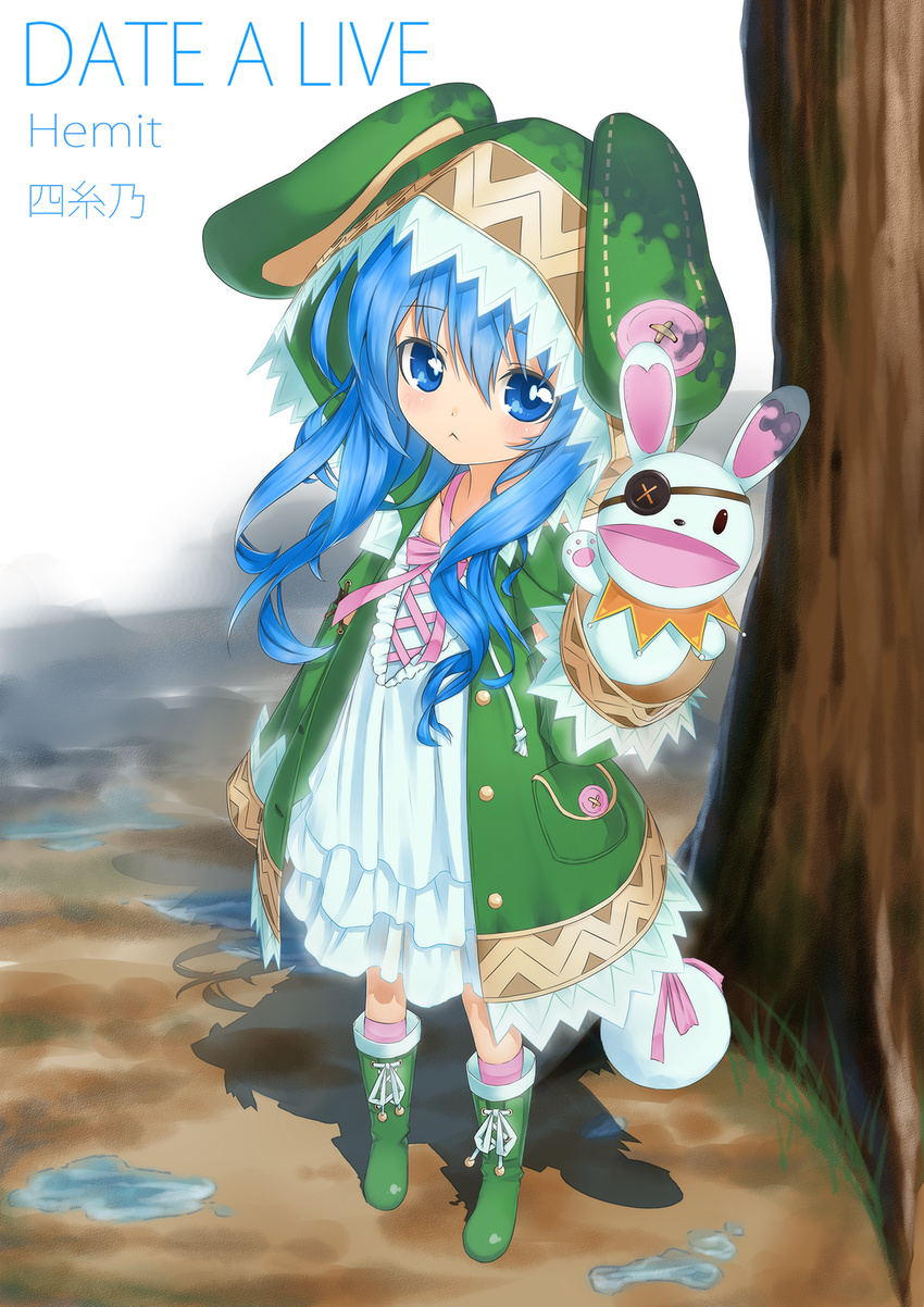 animal_ears animal_hood bad_id bad_pixiv_id blue_eyes blue_hair blush boots bow bunny bunny_ears coat date_a_live english eyepatch green_footwear hand_puppet highres hood long_hair looking_at_viewer neko7 puddle puppet solo stuffed_animal stuffed_bunny stuffed_toy tree yoshino_(date_a_live) yoshinon