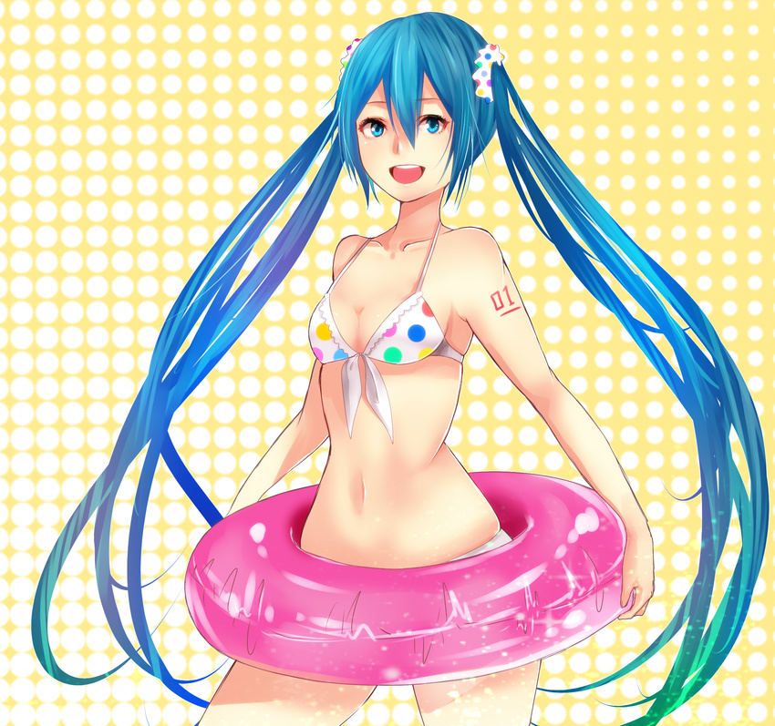 :d bikini blue_eyes blue_hair breasts hatsune_miku highres innertube long_hair navel noboes open_mouth polka_dot polka_dot_background small_breasts smile solo swimsuit twintails vocaloid