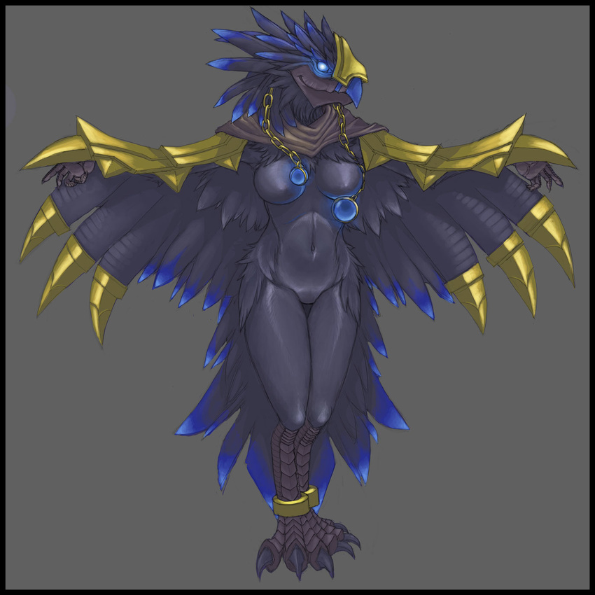 anzu avian beak bird blue_eyes breasts claws female front frontal_view glowing glowing_eyes hi_res leg_band looking_at_viewer navel nipples nude pira raven_lord solo standing talons thigh_gap toe_claws video_games warcraft winged_arms wings world_of_warcraft