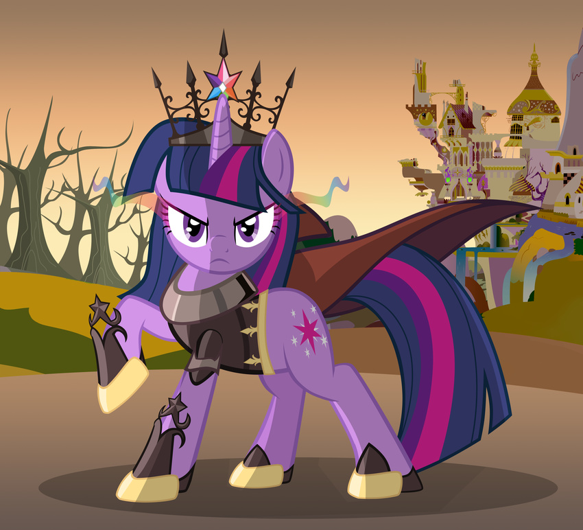 armor canterlot cape crown cutie_mark equine female feral friendship_is_magic fur hair hi_res horn horse looking_at_viewer mammal multi-colored_hair my_little_pony pony purple_eyes purple_fur purple_hair shadow solo tree twilight_sparkle_(mlp) unicorn zelc-face