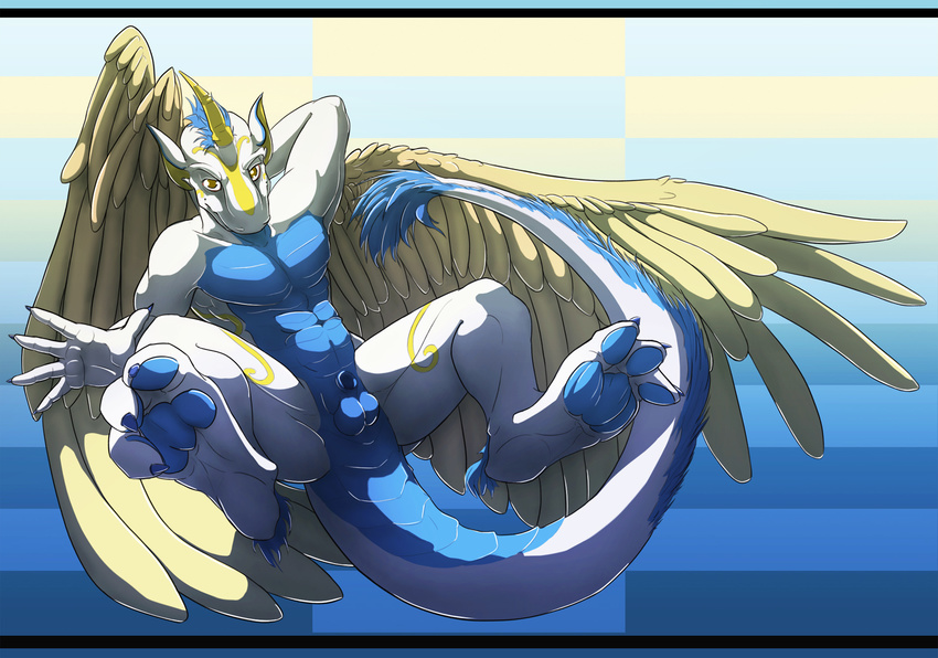 3_toes anthro balls dragon exto horn looking_at_viewer male nude pose sheath solo spread_legs spreading white_dragon wings