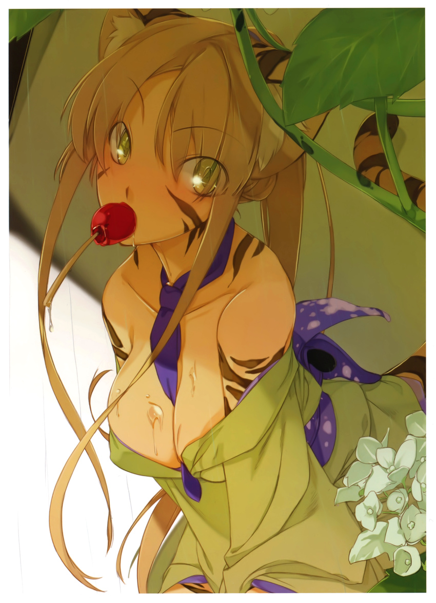 absurdres animal_ears bare_shoulders between_breasts blush breasts brown_hair candy_apple cleavage collarbone flower food green_eyes highres huge_filesize japanese_clothes kimono large_breasts long_hair looking_at_viewer maruku mouth_hold necktie obi off_shoulder original ponytail rain sash scan solo tail tiger_ears tiger_stripes tiger_tail wet yukata