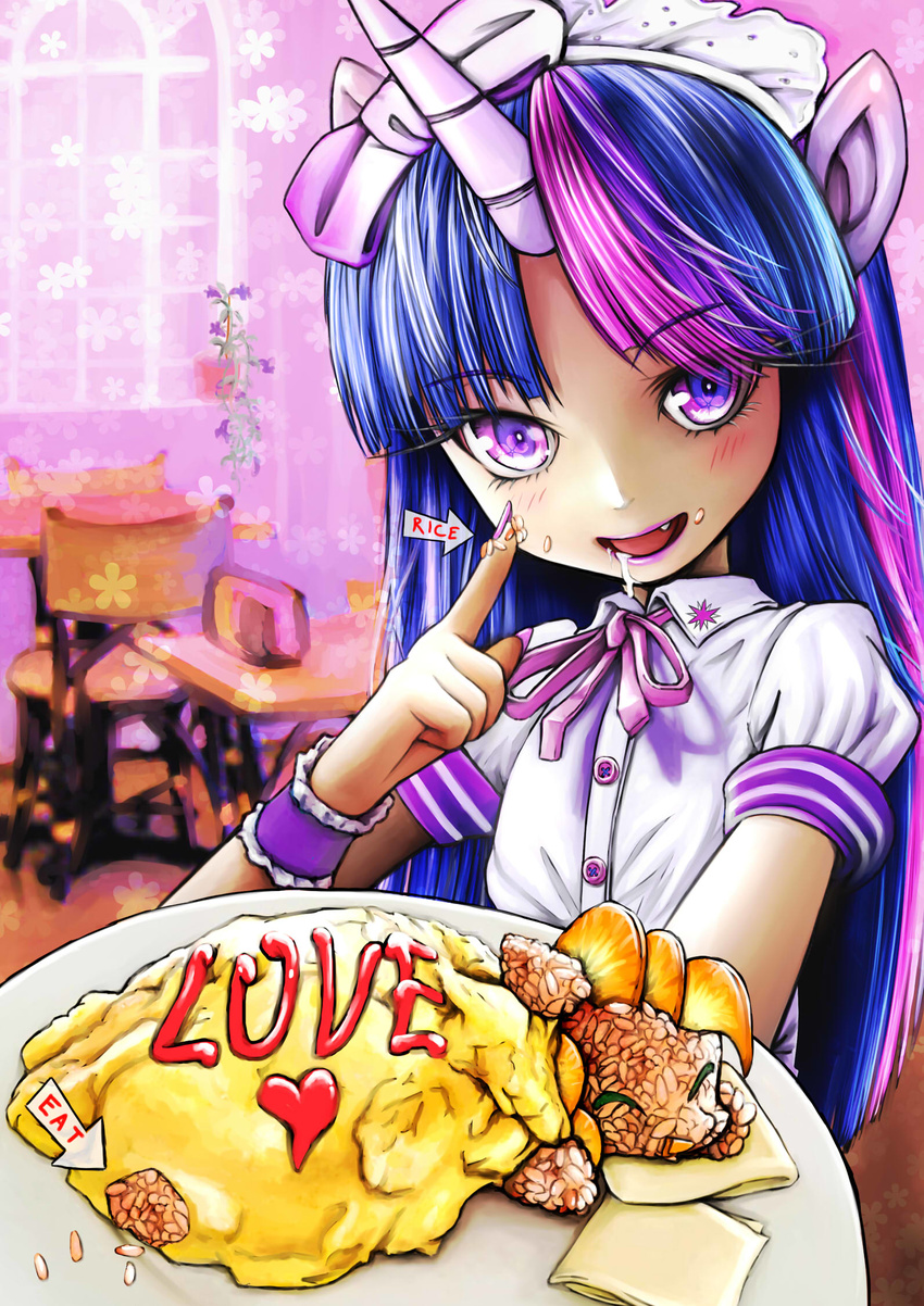 1girl :d animal_ears bangs blush bow buttons cameo chair collared_shirt english fang fingernails fingers hair_bow hair_ornament head_tilt heart highres horn long_hair looking_at_viewer maid maid_headdress makeup multicolored_hair my_little_pony my_little_pony_friendship_is_magic nail_polish omelet open_mouth personification pinkie_pie plant puffy_short_sleeves puffy_sleeves purple_bow purple_eyes ribbon rice saliva shirt short_sleeves sidelocks skyshek smile solo streaked_hair tongue tray twilight_sparkle
