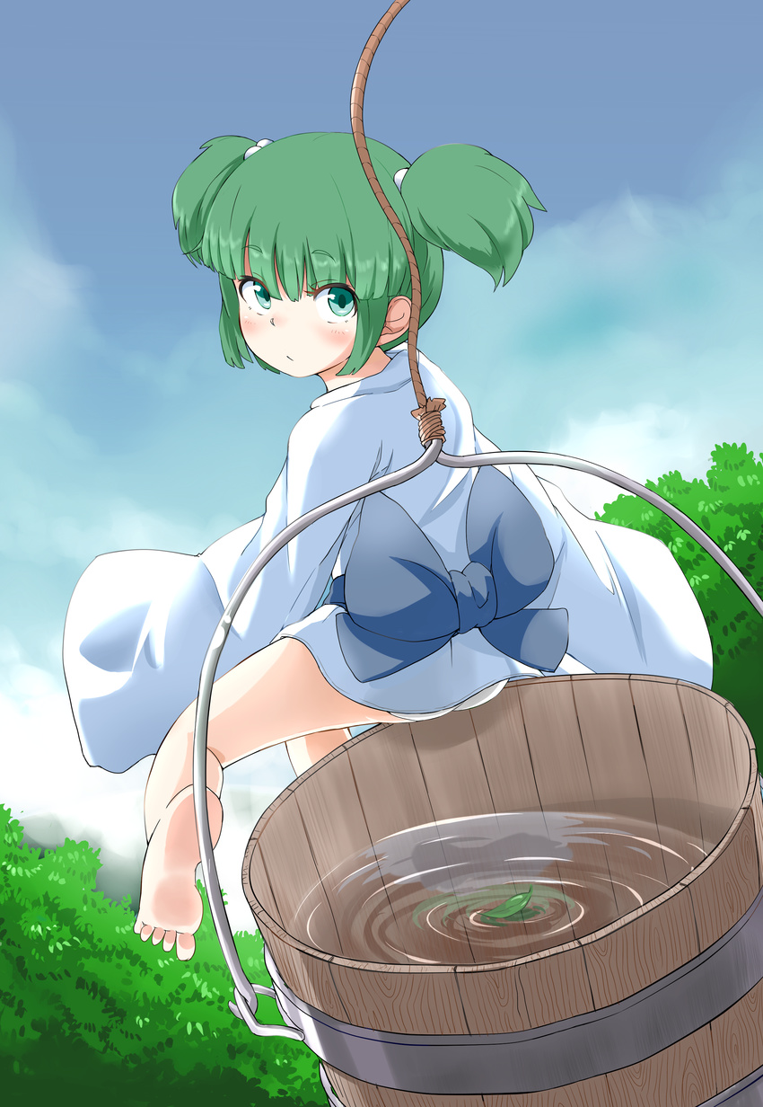 absurdres ass barefoot blue_kimono blue_sky bucket child day from_behind green_eyes green_hair hair_bobbles hair_ornament highres japanese_clothes kimono kisume leaf long_sleeves looking_at_viewer looking_back panties sash short_hair sky solo touhou twintails underwear water white_panties wide_sleeves wooden_bucket yukata zk_(zk_gundan)