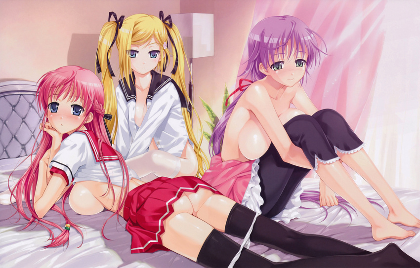 3girls absurdres ass barefoot blonde_hair blush breasts error feet happoubi_jin harem highres huge_breasts kanojo_x_kanojo_x_kanojo large_breasts multiple_girls no_bra no_panties open_clothes open_shirt orifushi_akina orifushi_mafuyu orifushi_natsumi panties panty_pull school_uniform shirt siblings sideboob sisters take_your_pick topless twintails underwear