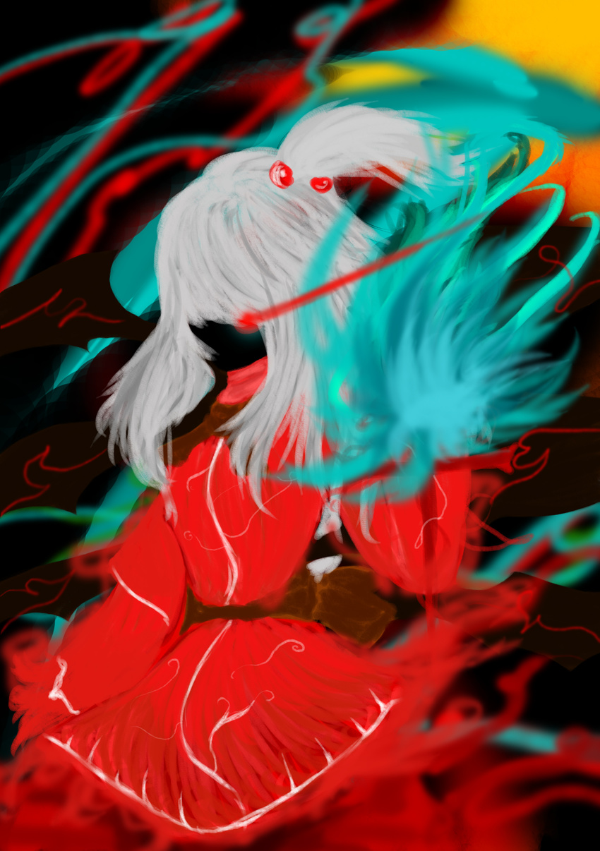 absurdres belt black_skin blue_fire dress fire from_side hair_bobbles hair_ornament hidden_face highres long_sleeves multiple_wings red_dress red_eyes shinki short_hair silver_hair teihen_no_kimura touhou touhou_(pc-98) wings
