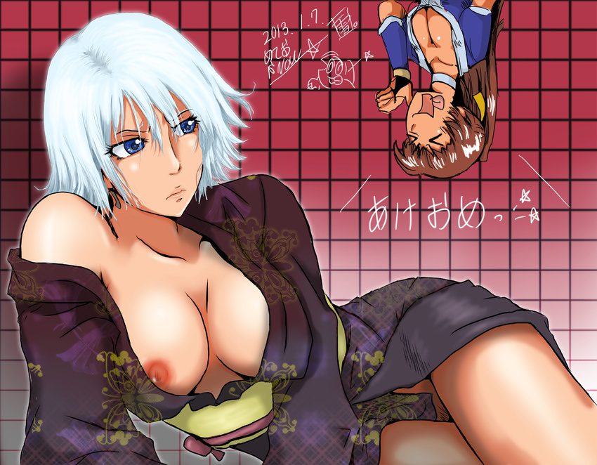 &gt;_&lt; blue_eyes breasts chibi chibi_inset christie_(doa) cleavage closed_eyes dead_or_alive japanese_clothes kasumi_(doa) kimono large_breasts lying meteo_snow multiple_girls ninja nipple_slip nipples no_panties off_shoulder on_side pubic_hair reclining short_hair short_kimono solo_focus translation_request upside-down white_hair