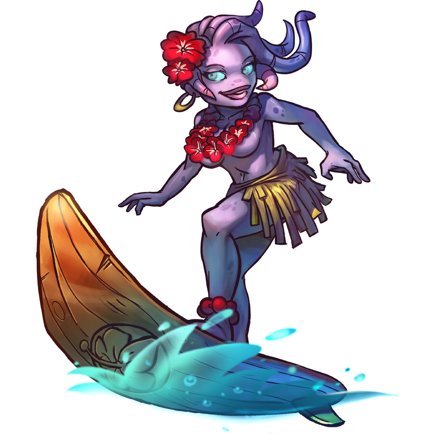 alien awesomenauts big_breasts blue_eyes breasts coco_nebulon ear_piercing female flower official_art piercing plain_background solo surfboard topless water white_background