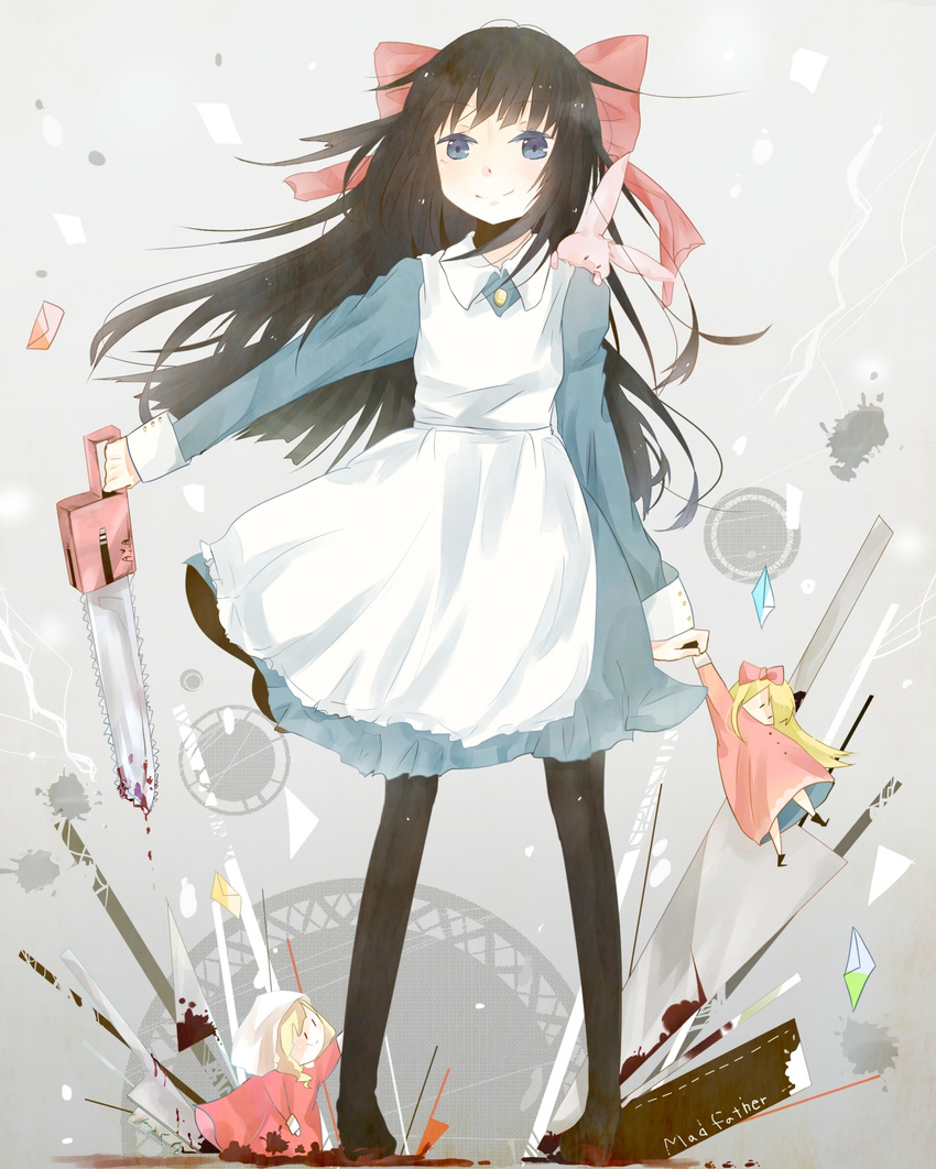 absurdres aya_drevis black_hair blood blue_eyes bow bunny chainsaw doll hair_bow highres hiite-usagi letter long_hair mad_father pantyhose smile snowball_(mad_father) solo weapon