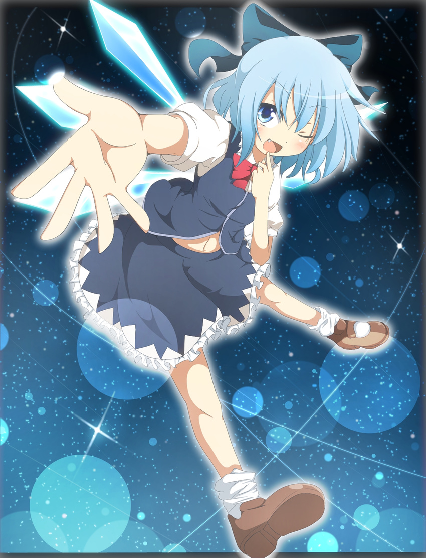 blue_eyes blue_hair bow bubble cirno do_(4-rt) fang finger_to_mouth highres ice ice_wings letterboxed lights looking_at_viewer midriff navel one_eye_closed open_mouth outstretched_arm outstretched_hand shirt skirt skirt_set smile solo touhou vest wings