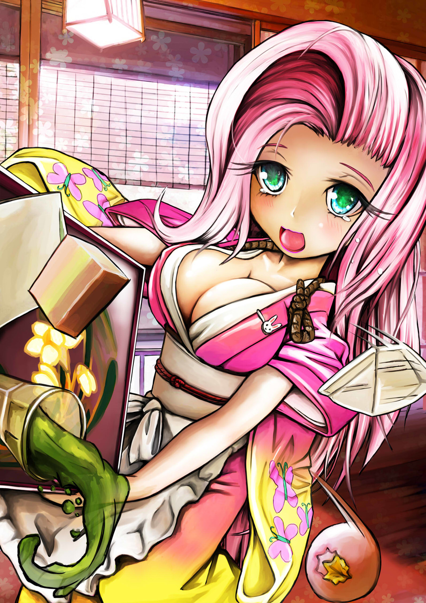 :3 :p blush breasts bug butterfly cleavage clip collarbone fluttershy green_eyes green_tea highres insect japanese_clothes kimono long_hair looking_at_viewer makeup medium_breasts my_little_pony my_little_pony_friendship_is_magic obi open_mouth personification pink_hair sash short_sleeves skyshek solo tareme tea tongue tongue_out upper_body wide_sleeves