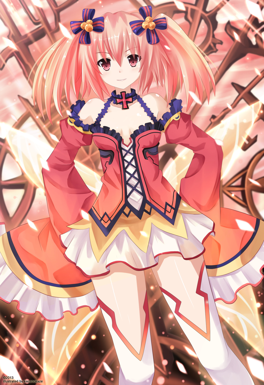 alyn_(fairy_fencer_f) bare_shoulders blush breasts choker collarbone cross cross-laced_clothes detached_sleeves dutch_angle fairy_fencer_f fairy_wings hair_ribbon hands_on_hips highres kazenokaze legs lolita_fashion long_sleeves looking_at_viewer multicolored_hair open_mouth red_eyes red_hair red_shirt red_skirt ribbon shirt skirt sleeves_past_wrists small_breasts smile solo standing thighhighs twintails two-tone_hair white_legwear wings zettai_ryouiki