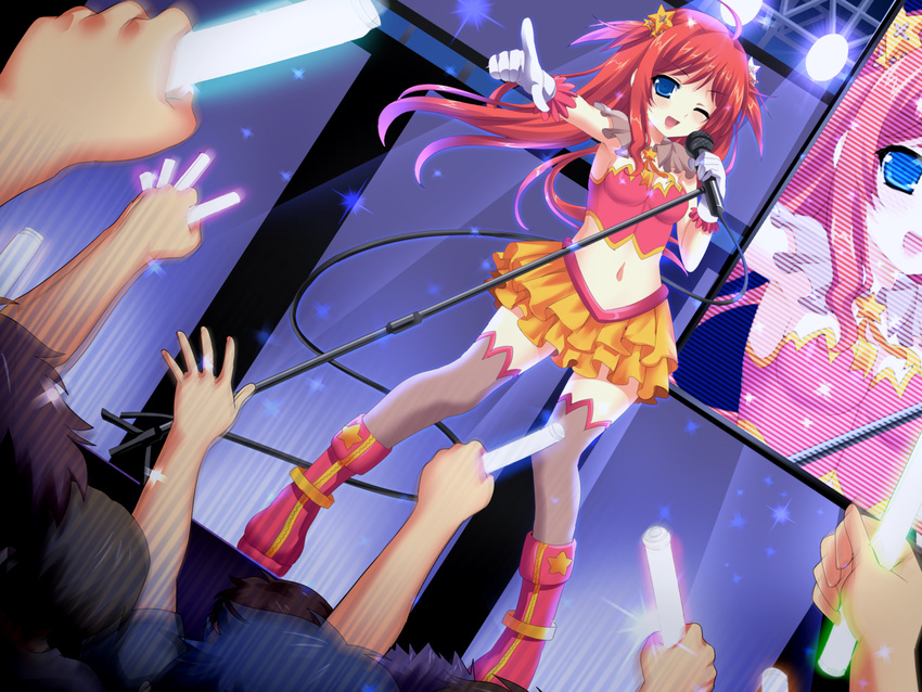 ;d audience bad_id bad_pixiv_id blue_eyes boots crowd frilled_legwear frilled_skirt frills gloves glowstick hair_ornament highres idol long_hair microphone microphone_stand midriff miniskirt music navel one_eye_closed open_mouth original pink_footwear red_hair singing skirt smile solo_focus stage standing star star_hair_ornament thighhighs vioka white_gloves