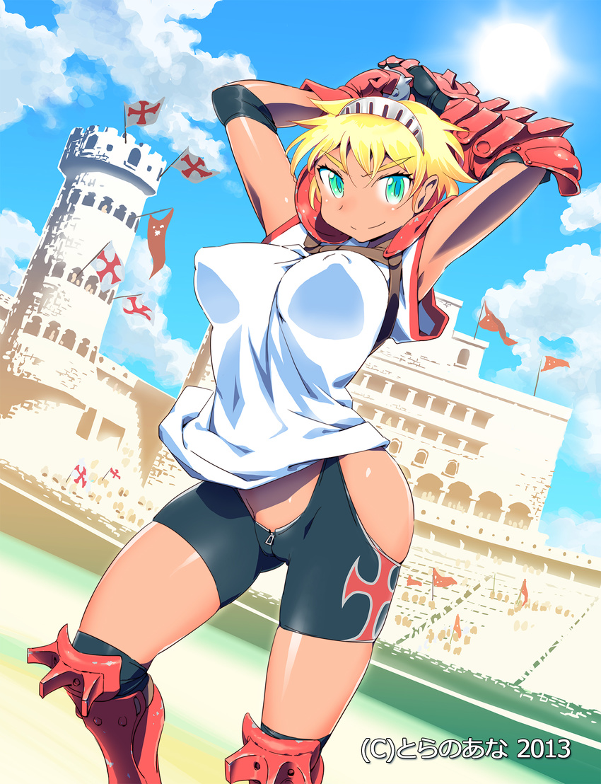 armband armpits arms_up bike_shorts blonde_hair boots breasts character_request cloud day flag gauntlets green_eyes hairband hands_together harem_gain highres hips impossible_clothes impossible_shirt large_breasts official_art shirt short_hair sky solo stadium zasha zipper