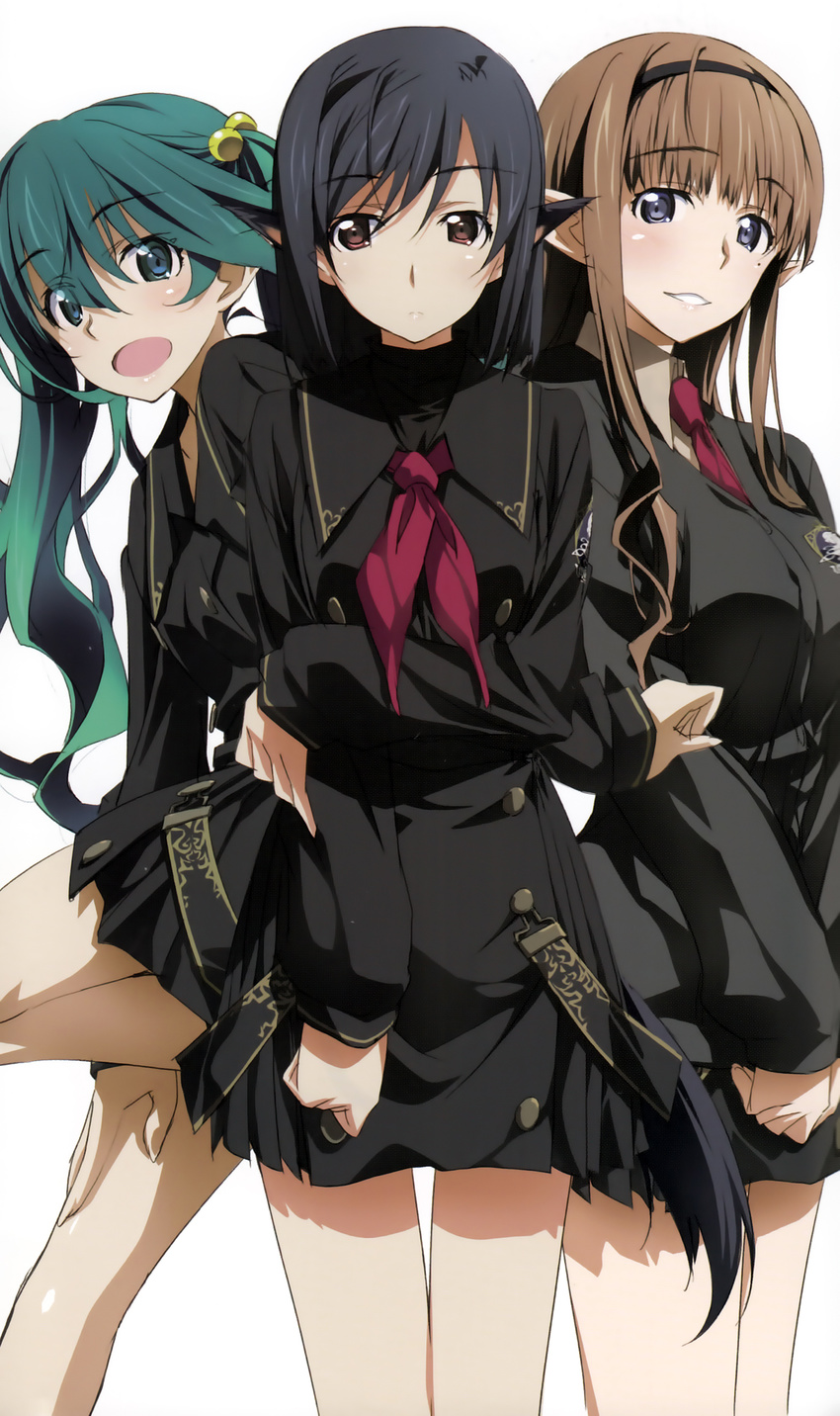 3girls absurdres green_hair highres kurashima_tomoyasu long_hair multiple_girls school_uniform smile