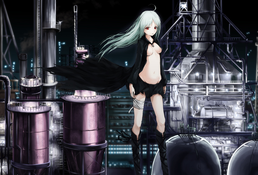 ahoge aqua_hair bad_id bad_pixiv_id bandages boots breasts cleavage distillation_column factory industrial knee_boots long_hair medium_breasts miniskirt navel no_bra open_clothes open_shirt original red_eyes refinery shirt skirt solo solru standing tank_(container) torn_clothes wind