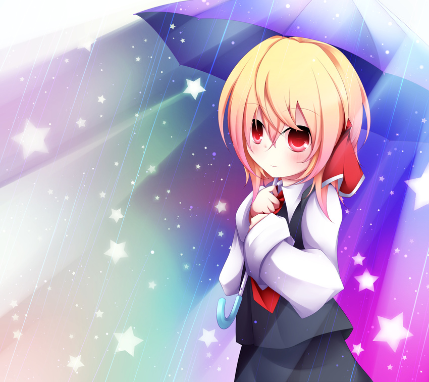 dress_shirt hair_ribbon highres kuroyume_(dark495) necktie red_eyes ribbon rumia shirt short_hair skirt skirt_set smile solo star touhou umbrella