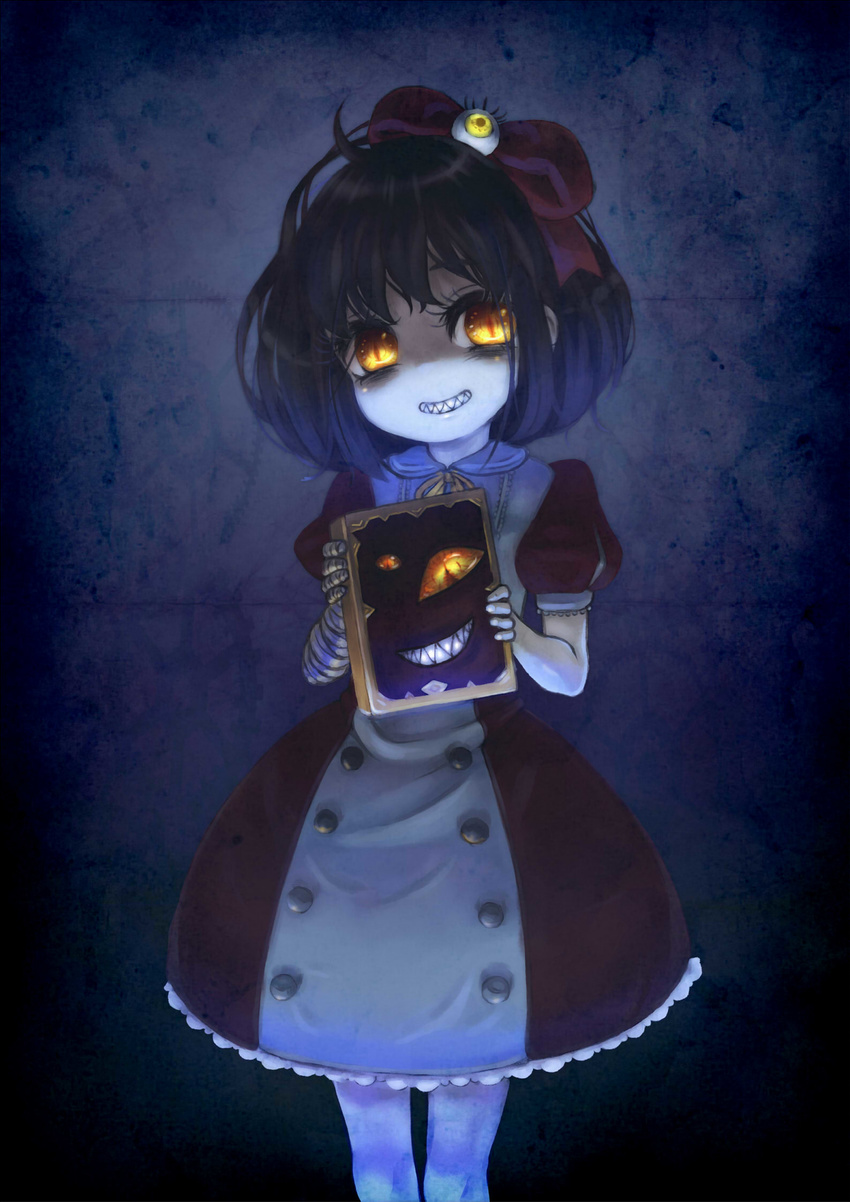 book dress evil_grin evil_smile glowing glowing_eyes grin hair_ribbon hantoumei_namako highres librom pale_skin personification ribbon shaded_face short_hair smile solo soul_sacrifice yellow_eyes