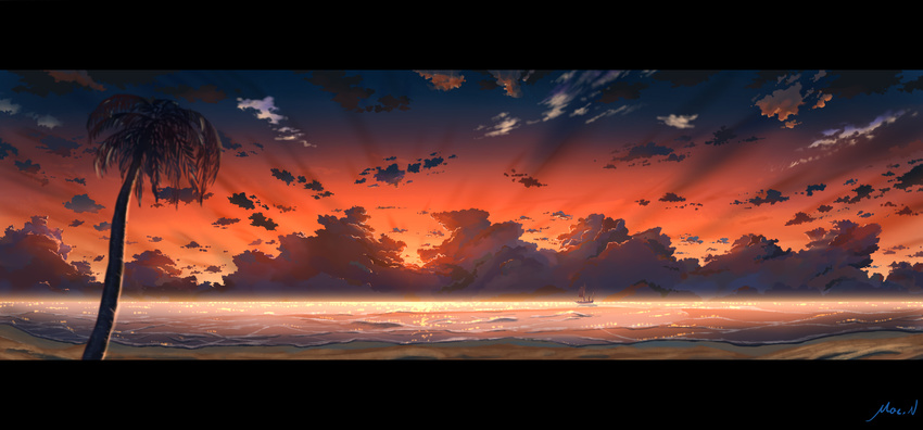 beach boat clouds mac_naut original scenic signed sky sunset tree water
