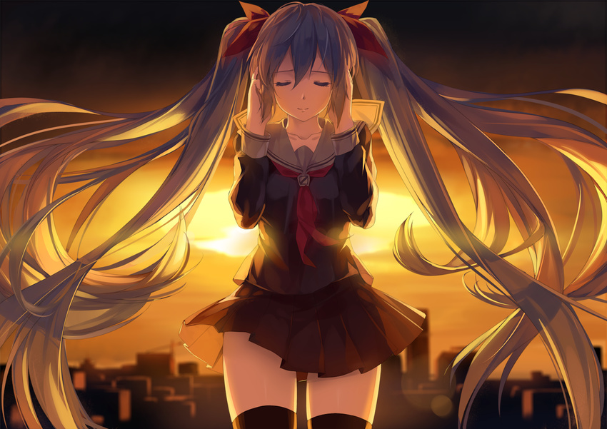 caidychen city closed_eyes cowboy_shot glow_(vocaloid) hatsune_miku long_hair school_uniform serafuku skirt solo sunset thighhighs twintails very_long_hair vocaloid zettai_ryouiki