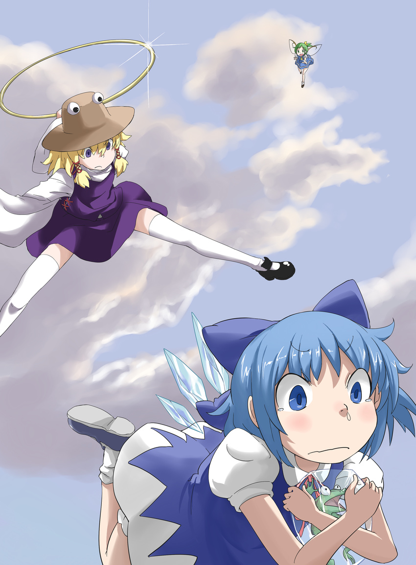 absurdres blue_dress blue_eyes blue_hair blue_sky bow cirno cloud commentary_request daiyousei day dress fairy_wings flying_teardrops frog frozen frozen_frog glint green_hair hair_bow hair_ribbon hat highres hoop ice ice_wings long_sleeves moriya's_iron_rings moriya_suwako multiple_girls open_mouth outstretched_arm outstretched_hand puffy_sleeves ribbon shirt short_sleeves side_ponytail skirt skirt_set sky snot tears thighhighs touhou vest white_legwear wide_sleeves wings zettai_ryouiki zk_(zk_gundan)