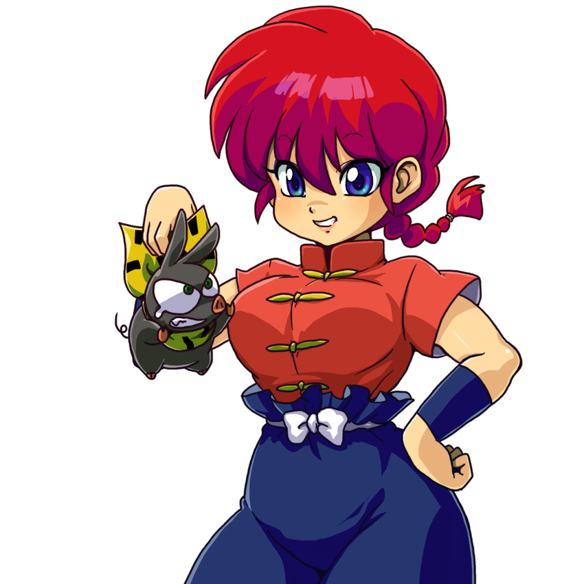 1boy 1girl blue_eyes braid chinese_clothes genderswap hand_on_hip highres holding p-chan pig ranma-chan ranma_1/2 red_hair saotome_ranma simple_background single_braid tangzhuang wantan-orz wristband