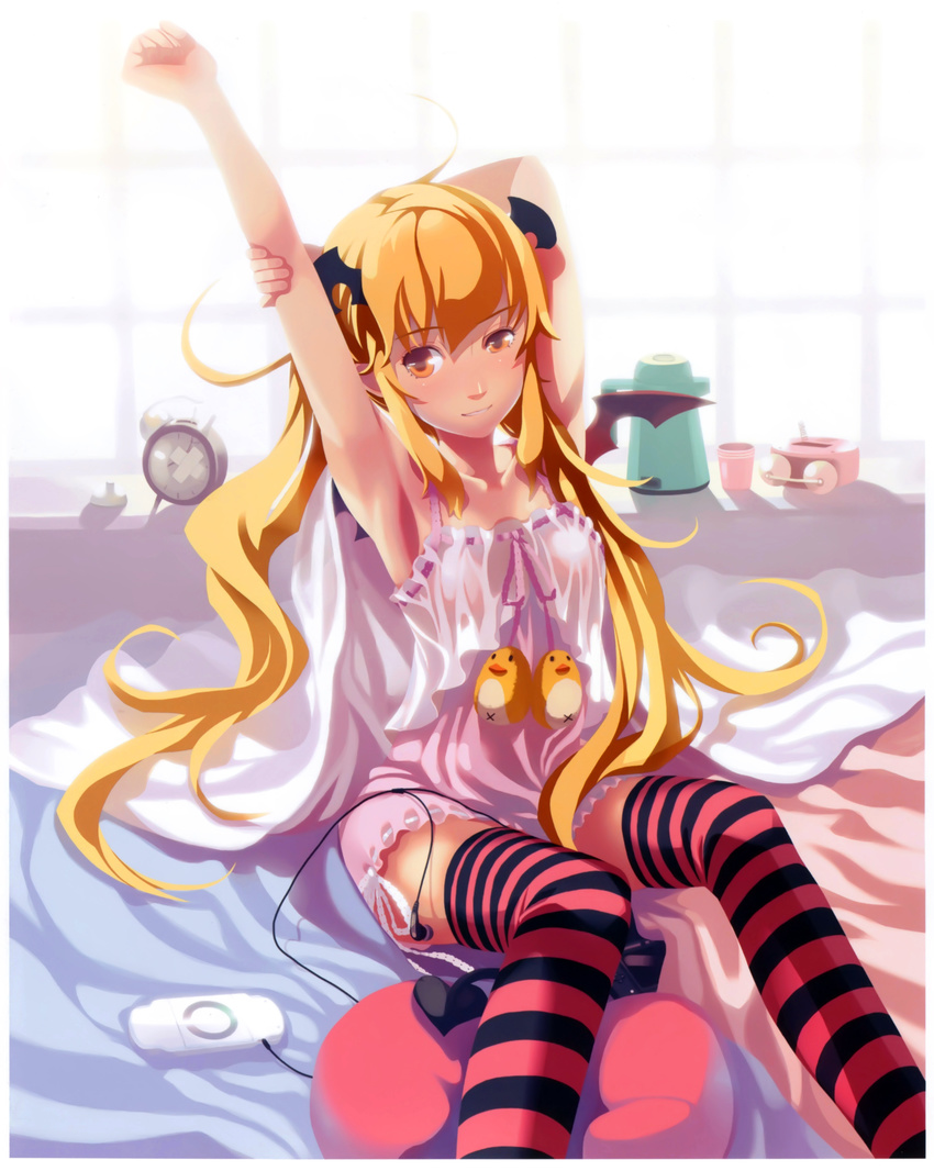 absurdres alarm_clock armpits bed_sheet blonde_hair clock collarbone demon_tail earphones earphones_removed feet_out_of_frame grin handheld_game_console highres horns indoors lingerie long_hair nightgown nintendo_dsi orange_eyes original playstation_portable scan sitting smile solo stretch striped striped_legwear tail thighhighs twintails underwear very_long_hair vofan