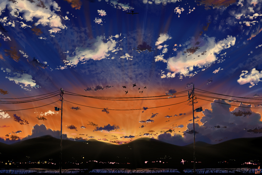 animal bird clouds landscape mac_naut original scenic signed sky sunset