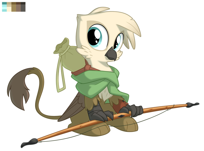 alpha_channel ambiguous_gender avian bag bow bow_(weapon) clothing equestria-prevails gryphon kneeling my_little_pony original_character plain_background ranged_weapon shawl solo transparent_background weapon