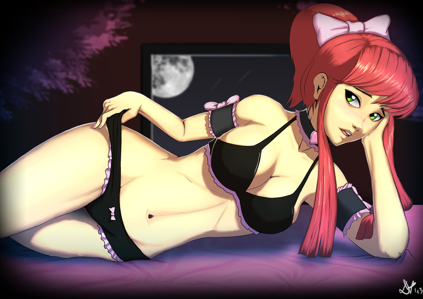 apple_bloom_(mlp) blush bow bra breasts cleavage clothed clothing deilan12 female friendship_is_magic full_moon green_eyes hair holding_head human humanized long_hair looking_at_viewer lying mammal moon my_little_pony navel not_furry panties partially_clothed plant pose red_hair solo underwear window