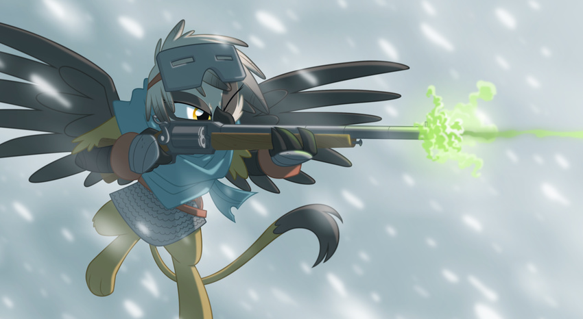 armor avian equestria-prevails female friendship_is_magic gryphon gun my_little_pony ranged_weapon revolving_rifle rifle snow snowing solo weapon wings yellow_eyes