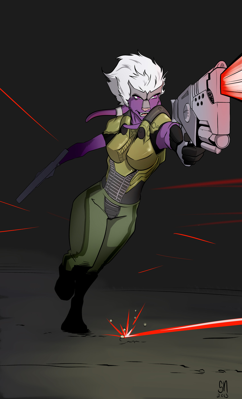 boots doom doom_3 dual_wielding female gloves gun hair head_plate head_tails kraskit pistol purple_eyes purple_skin ranged_weapon red_nose shane_nelson tabitha_terleir weapon white_hair