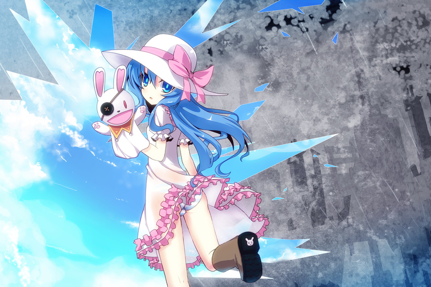 :o animal_ears ass blue_eyes blue_hair blue_panties blue_sky blush boots bunny bunny_ears cloud date_a_live day dress eyepatch from_behind hand_puppet hat highres long_hair looking_at_viewer looking_back panties pantyshot parted_lips puppet running see-through sky solo striped striped_panties stuffed_animal stuffed_bunny stuffed_toy sun_hat sundress uiu underwear white_dress white_panties yoshino_(date_a_live) yoshinon