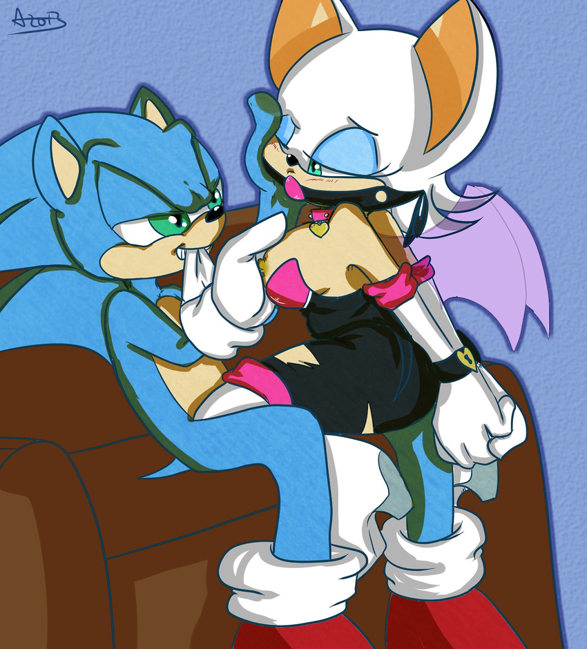 &lt;3 arnachy ball_gag bat blue_fur blush bound breast_grab breasts clothing collar duo elbow_gloves face_grab female fur gag gagged gloces gloves green_eyes hands_behind_back hedgehog male mammal mouth_hold nipples recliner rouge_the_bat sega side_boob sitting sofa sonic_(series) sonic_the_hedgehog spiked_collar straight torn_clothing wings