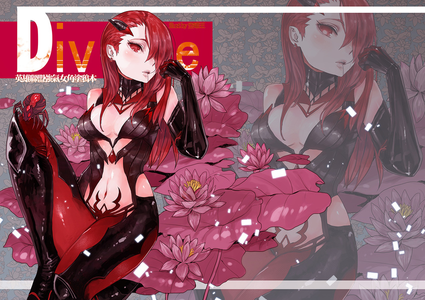 alternate_costume alternate_hairstyle breasts bug cleavage danann earrings elbow_gloves elise_(league_of_legends) flower gloves hair_in_mouth hair_over_one_eye jewelry leaf league_of_legends medium_breasts navel red_eyes red_hair solo spider