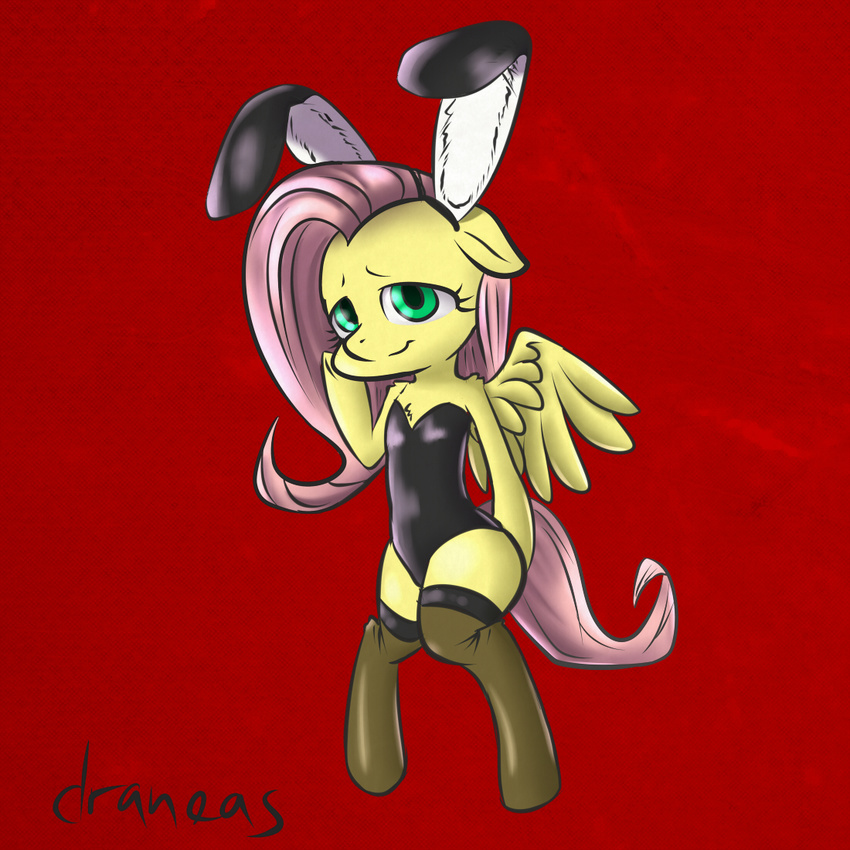 clothing draneas equine female feral fluttershy_(mlp) friendship_is_magic fur green_eyes hair horse mammal my_little_pony pegasus pink_hair plain_background pony red_background solo text wings yellow_fur