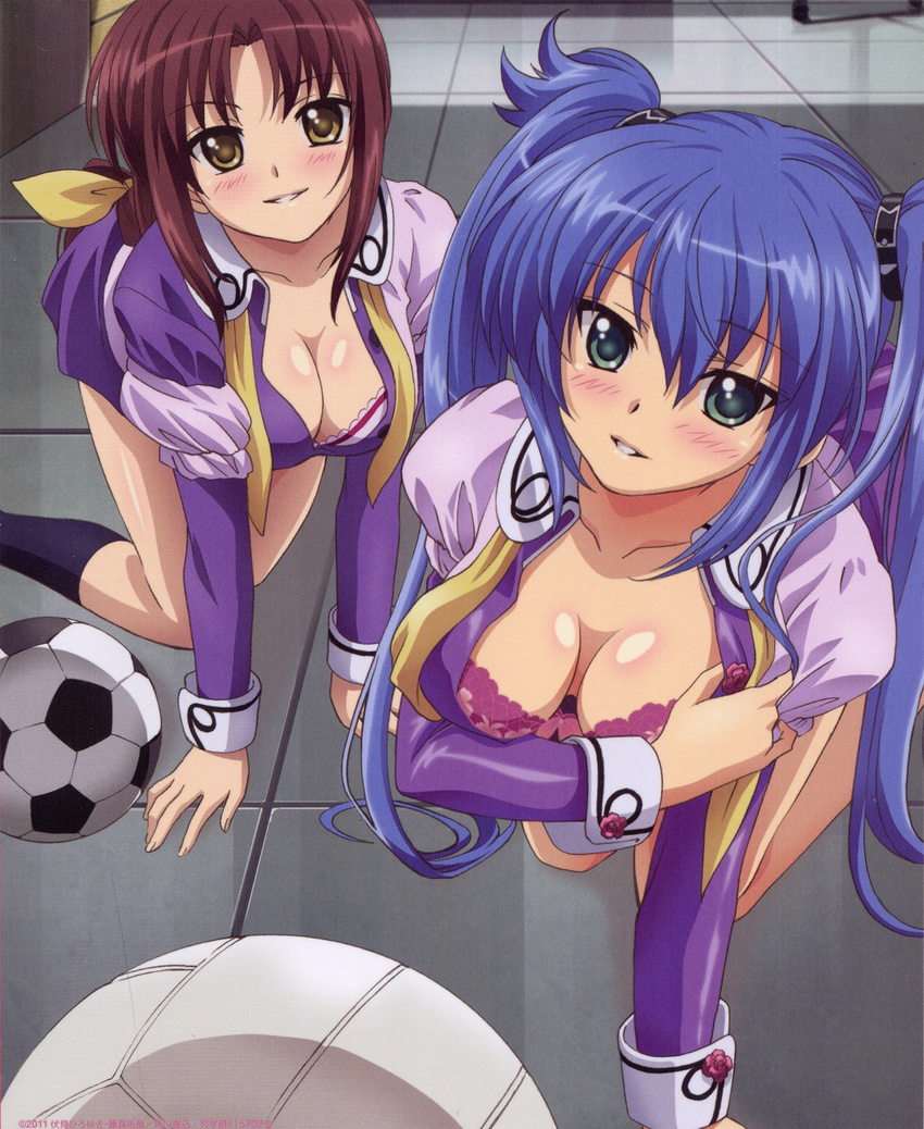 2girls ball beni_botan blue_hair blush bra breasts brown_eyes brown_hair cleavage green_eyes highres kuroki_kurumi long_hair multiple_girls r-15 soccer_ball underwear