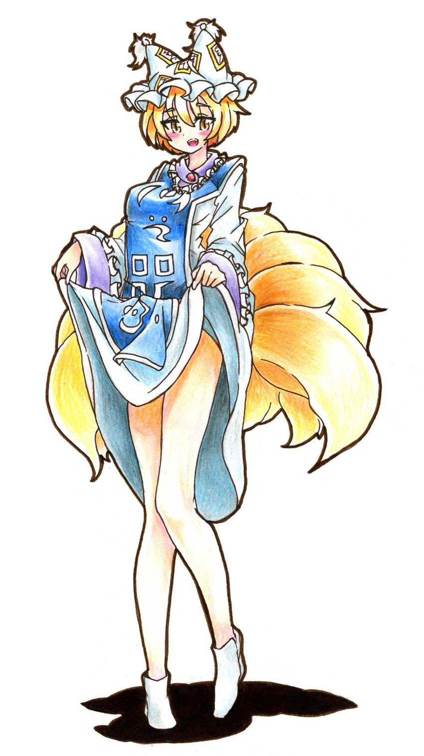 absurdres bare_legs blonde_hair blush breasts dress dress_lift eyelashes fang fox_tail full_body gokuu_(acoloredpencil) hat highres knees_together_feet_apart knees_touching large_breasts looking_at_viewer multiple_tails open_mouth shadow shoes short_hair simple_background slit_pupils solo tabard tabard_lift tail touhou traditional_media white_background wide_sleeves yakumo_ran yellow_eyes