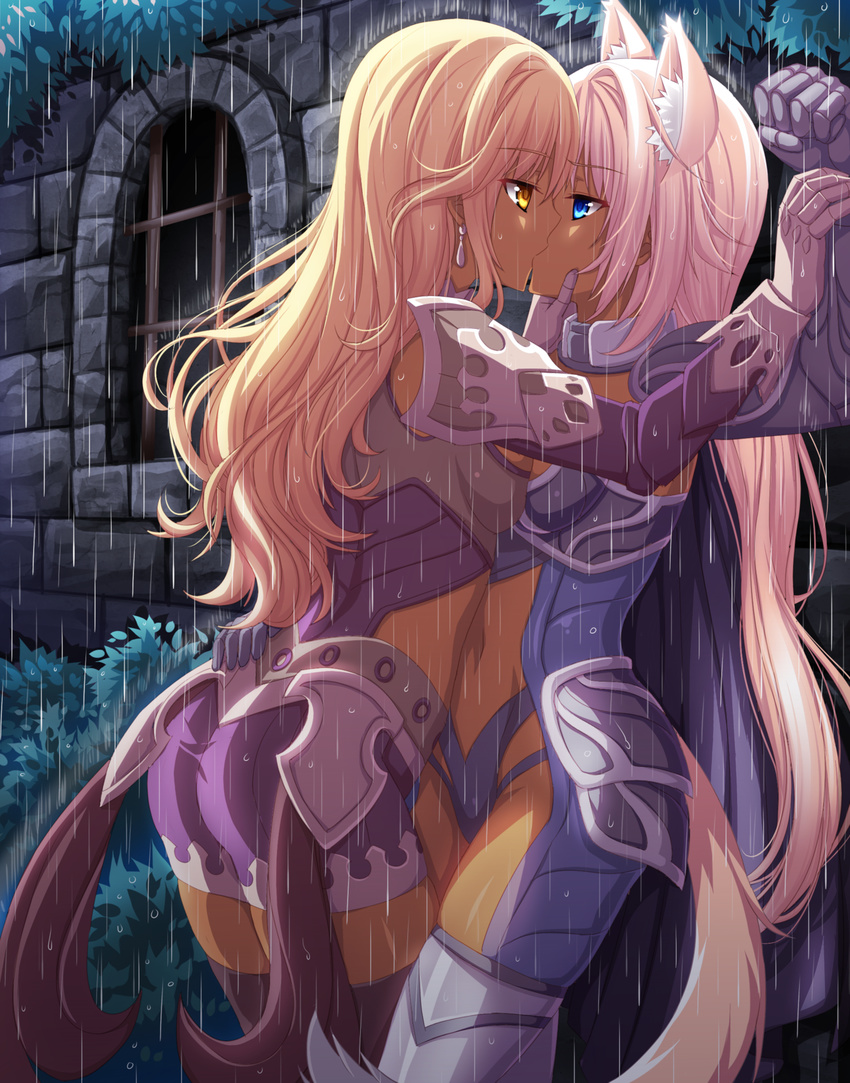 animal_ears armor ass bad_id bad_pixiv_id blonde_hair blue_eyes breast_press breasts clenched_hand dark_skin earrings fox_ears fox_tail gloves hand_on_another's_chin highres jewelry kiss long_hair medium_breasts multiple_girls navel original pink_hair rain restrained tail tan thighhighs very_long_hair vioka yellow_eyes yuri