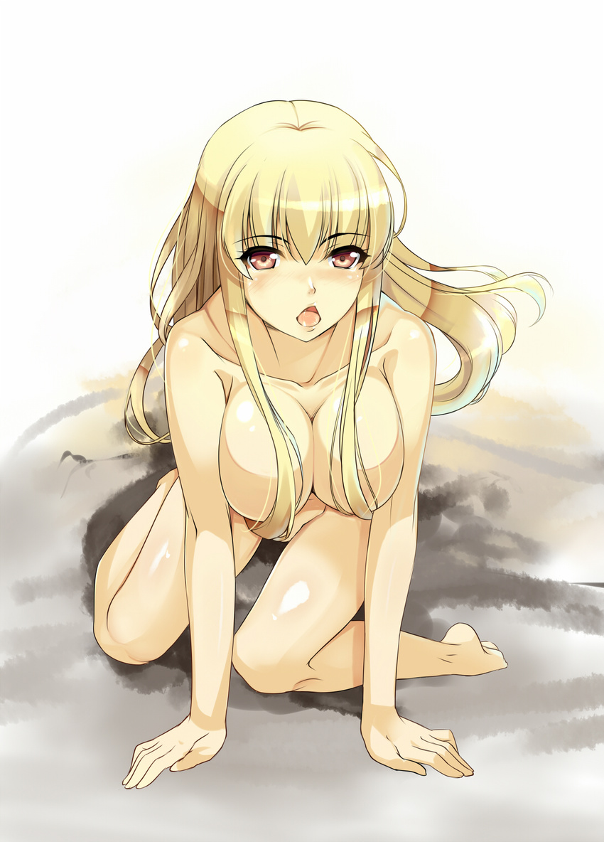 all_fours blonde_hair breasts character_request copyright_request csai highres large_breasts long_hair nude open_mouth simple_background solo tongue yellow_eyes
