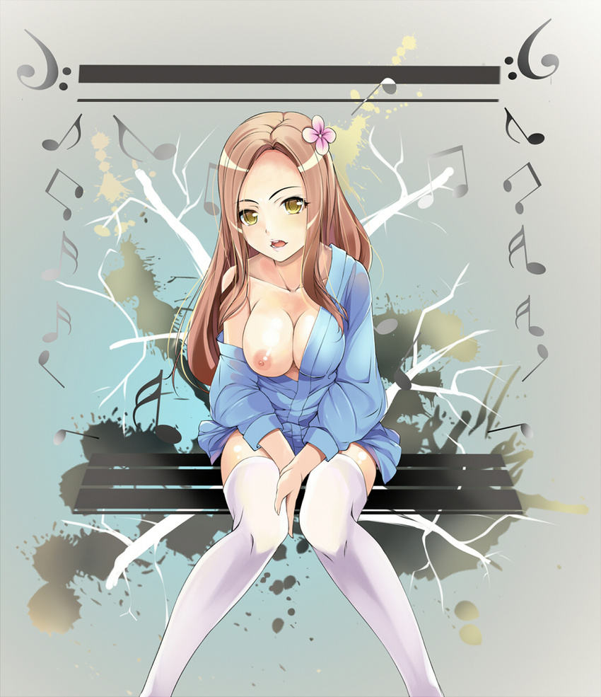 breast_slip breasts brown_hair character_request copyright_request csai flower hair_flower hair_ornament highres large_breasts long_hair musical_note nipples off_shoulder one_breast_out open_mouth solo thighhighs white_legwear yellow_eyes