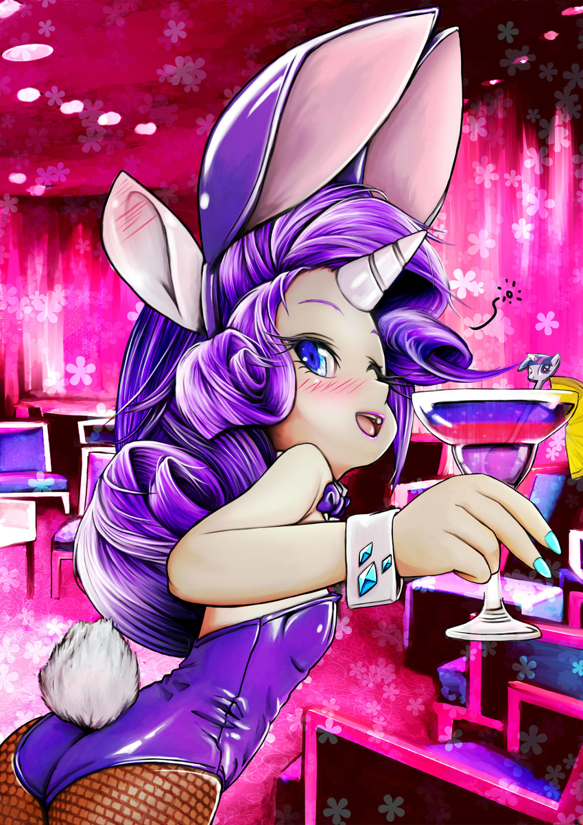 animal_ears ass bare_shoulders blue_eyes blush bunny_ears bunny_girl bunny_tail bunnysuit cameo chair curly_hair diamond fake_animal_ears fingers fishnet_pantyhose fishnets highres horn long_hair makeup my_little_pony my_little_pony_friendship_is_magic nail_polish one_eye_closed pantyhose personification purple_hair rarity skyshek solo tail twilight_sparkle wrist_cuffs