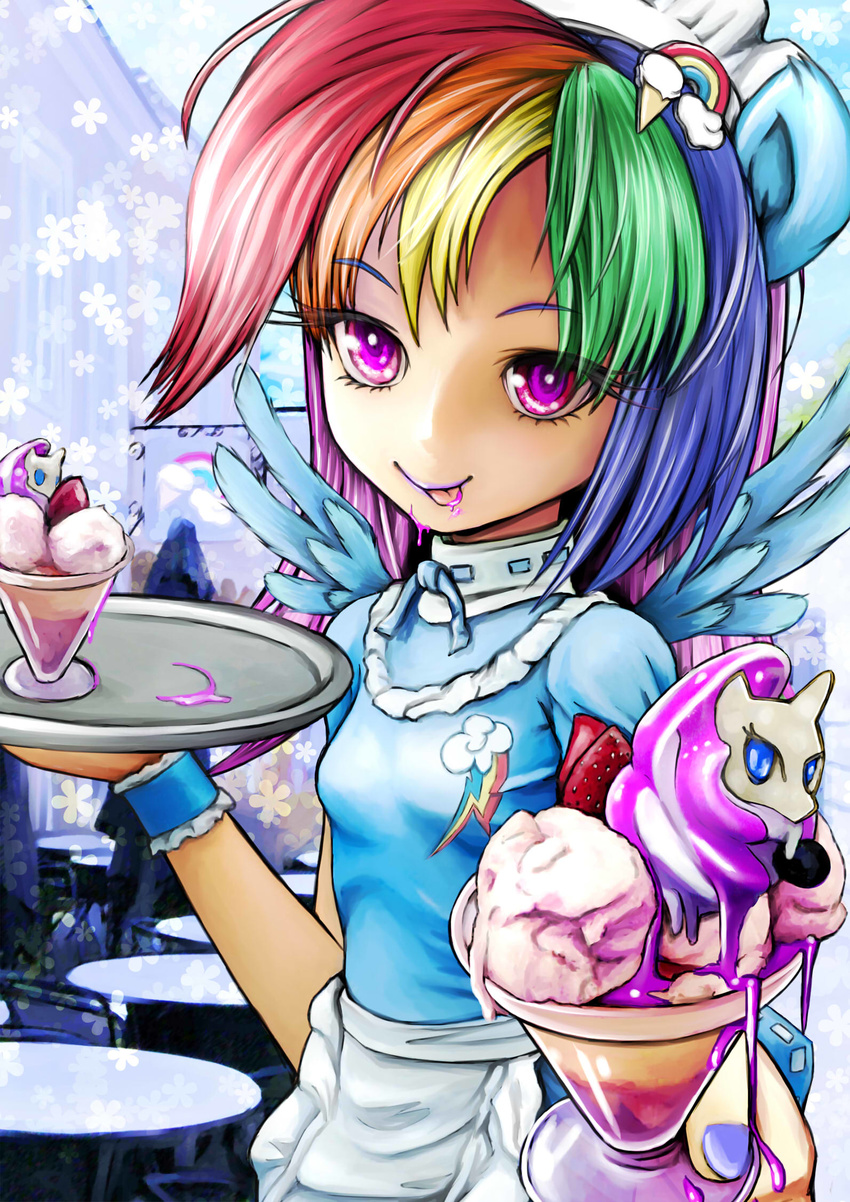 :p animal_ears apron bangs cameo fingernails food fruit glass hair_ornament highres ice_cream long_hair looking_at_viewer maid_headdress makeup multicolored_hair my_little_pony my_little_pony_friendship_is_magic nail_polish parted_bangs personification puffy_short_sleeves puffy_sleeves purple_eyes rainbow rainbow_dash rarity short_sleeves skyshek smile solo strawberry sundae table tongue tongue_out tray upper_body waist_apron waiter wings