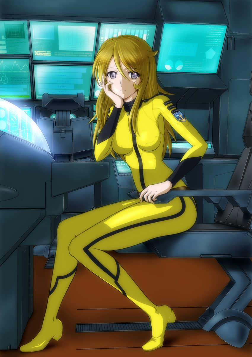 absurdres ahoge blonde_hair bodysuit breasts chair closed_mouth epaulettes full_body hair_between_eyes hand_on_own_face high_heels highres indoors long_hair looking_at_viewer memory_(prophet5) monitor mori_yuki purple_eyes sitting skin_tight smile solo source_request uchuu_senkan_yamato uchuu_senkan_yamato_2199 yellow_bodysuit