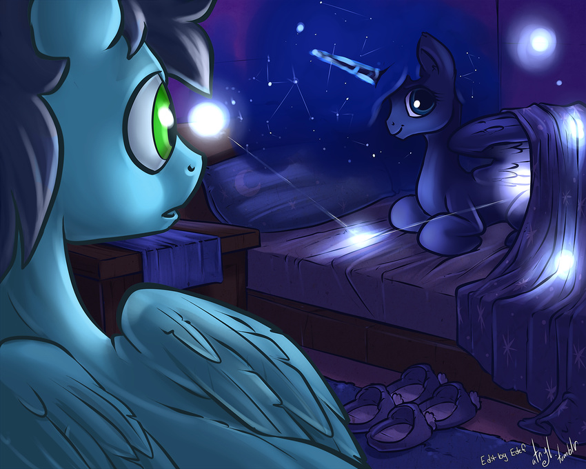 atryl bed blanket blue_eyes blue_fur blue_hair duo edef edit equine eye_contact female feral friendship_is_magic fur glowing green_eyes hair hi_res horn horse inside inviting long_hair lying male mammal my_little_pony on_front open_mouth pegasus pillow pony princess_luna_(mlp) signature slippers smile soarin_(mlp) spread_wings winged_unicorn wings wonderbolts_(mlp)