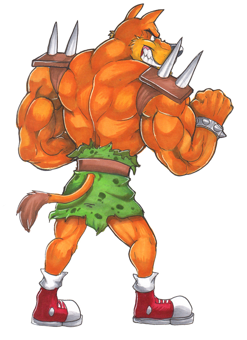 anthro armor back belt biceps big_muscles black_nose bracelet brown_fur clothed clothing crash_bandicoot_(series) fangs feline flexing footwear fur half-dressed jewelry male mammal muscles mutant_serpentina orange_fur plain_background pose shoes shorts sneakers solo spikes standing teeth tiger tiny_tiger topless video_games white_background wristband